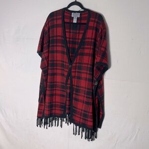 Guillaume Red Black Plaid Poncho With Fringe M/L